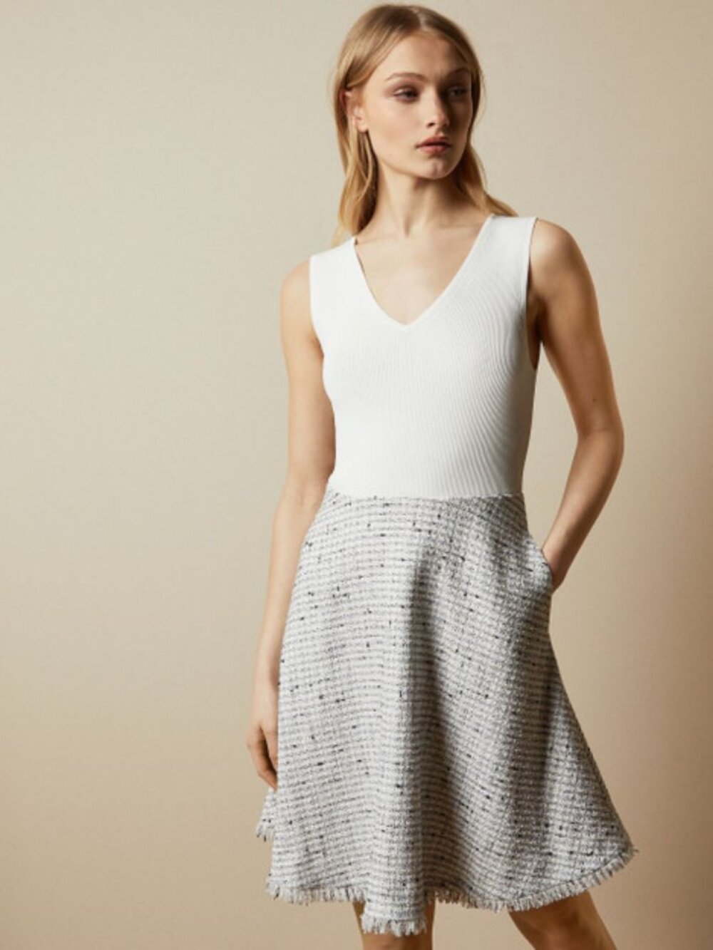 Ted Baker Adalad Fit-Flare Dress Tweed Skirt Ripped Knit Sleeveless White Grey